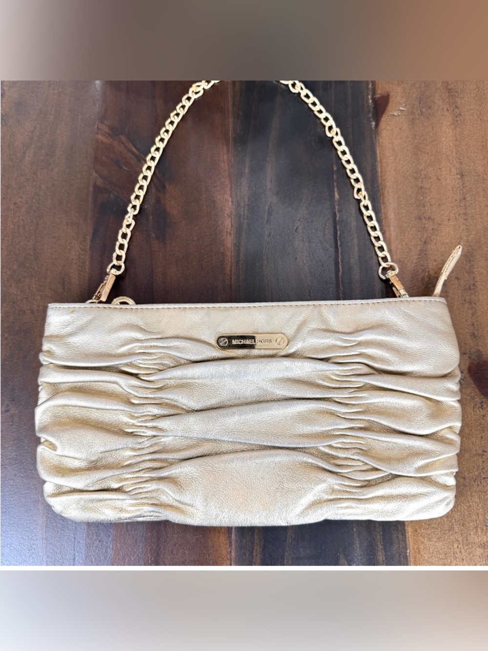 Michael Kors Webster Metallic Ruched Leather Clutch Pale Gold Chain Strap